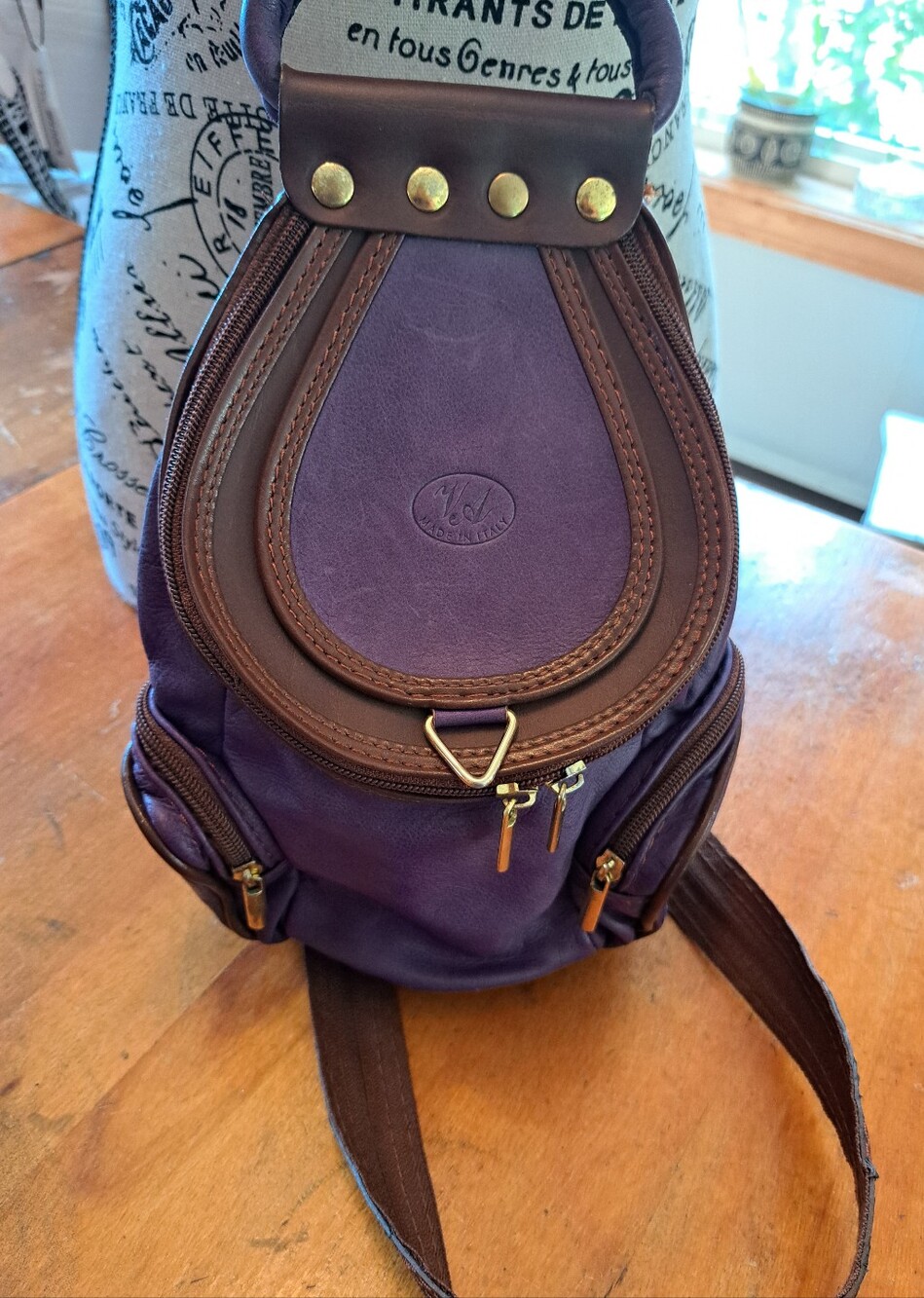 VA Italian Leather Mini Backpack, Shoulder, Handbag Purse Purple Brown